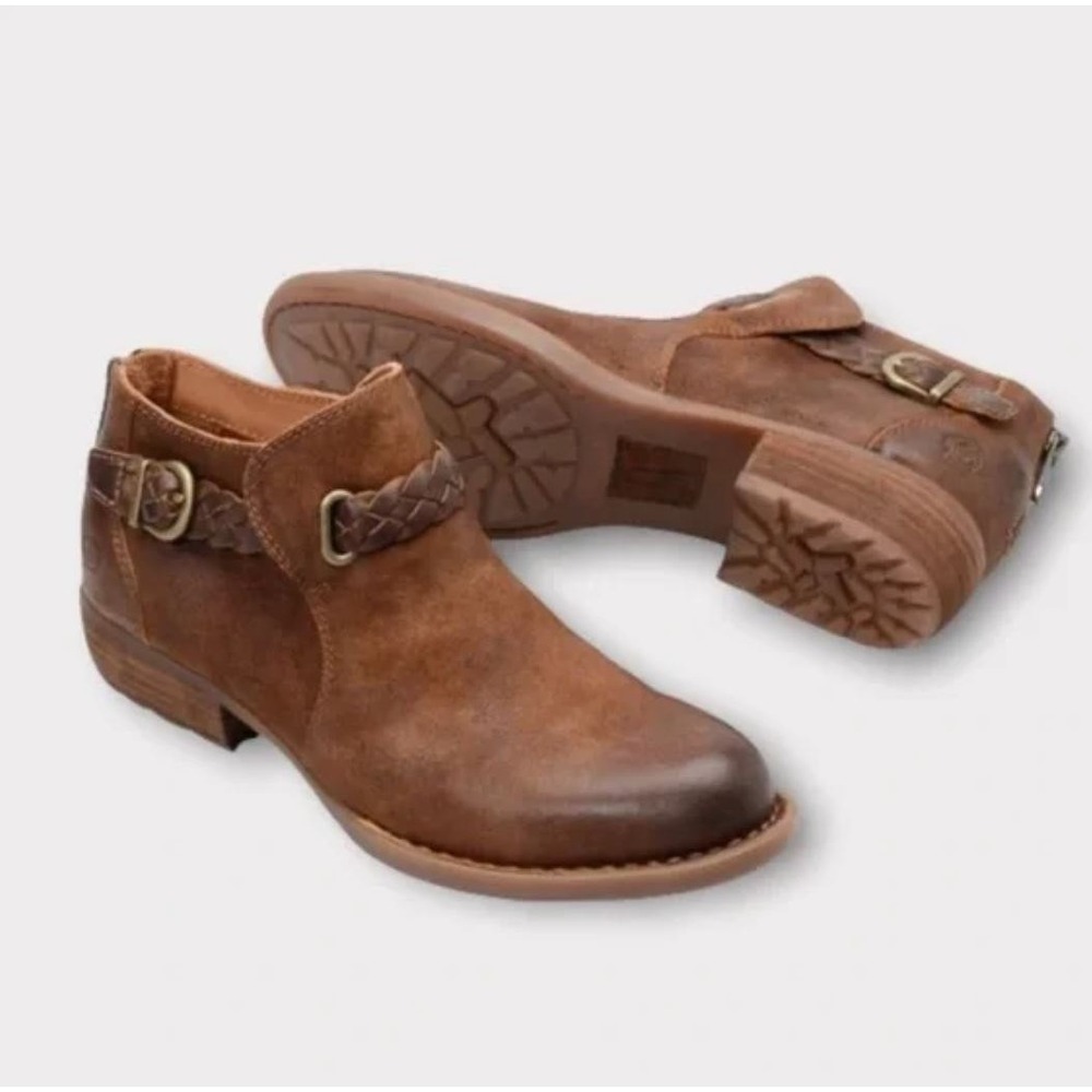 BORN Sylvia Burnished Suede Braided Ankle Boots Booties Side Buckle‎ Zip Sz 7.5